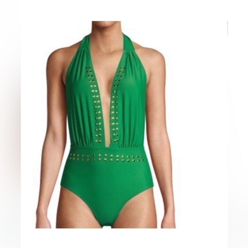 YMI green one piece swimsuit, gold stud-like accent and plunge neckline, NWOT